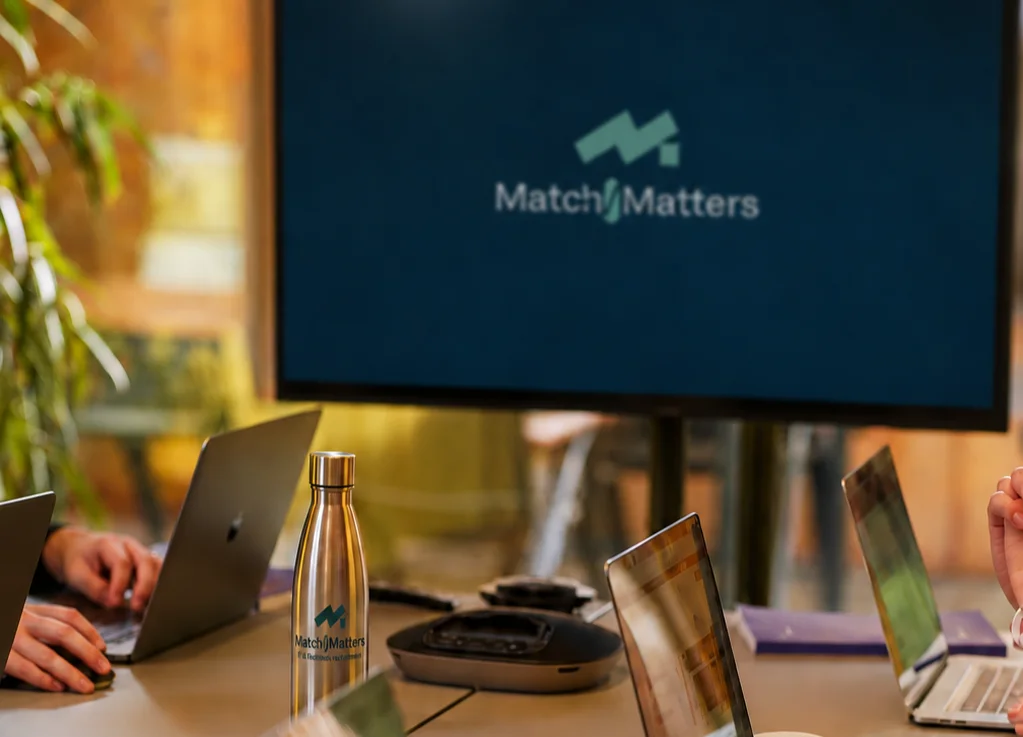 Overleg aan de vergadertafel, met het MatchMatters-logo op het scherm
